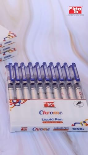 Image of Figo Chrome Liquid Roller Pen - 0.6mm Fine Pipe Tip, Smooth Writing, Quick Dry Ink - Pack of 10 Blue Ink Pens for Office, School & Home