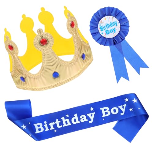 Simarro King Crown, Sash, Decorations, Photo Props, Button Pin Accessory Set, Aprince Crown Hat Gold, Birthday Decorations, Boys Kids Theme Birthday Party Decoration