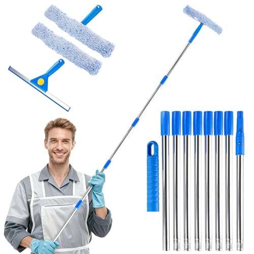 Window Cleaning Equipment with Long Handle, 3m Window Squeegee Cleaner Tool Kit with Long Handle, 35cm Windows Washing Squeegee and 38cm Scrubber for High Windows Shower Glass Car RV