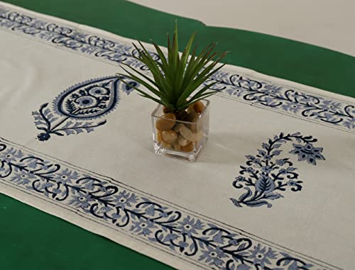 Image of Ravaiyaa - Attitude is Everything Hand Block Printed Cotton Table Runner | Floral Printed Table Runner for Home Decor, Kitchen | 60 x 16 Inch-(Blue Paisley)