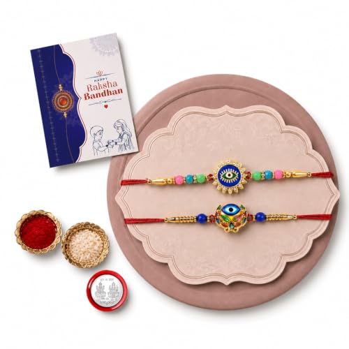 Image of Oblivion Rakhi for Brother - Evil Eye Design Color Beads Rakhi 2 Pcs with Silver Color Pooja Coin & Greeting Card & Tilak Set, Raksha Bandhan Celebration Gift Combo for Bhai (K2 1059+1960)