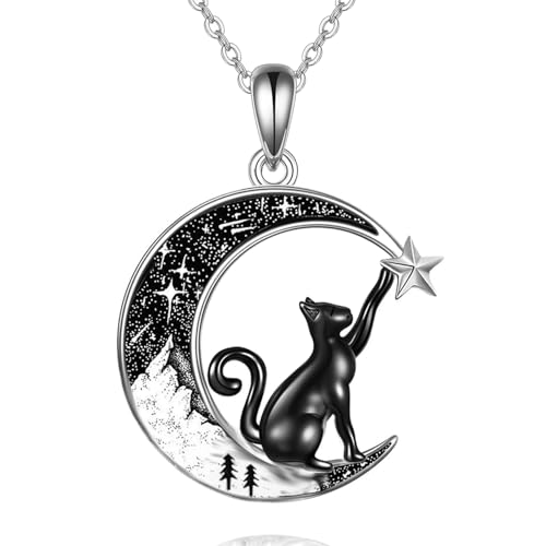 Black Cat Necklace 925 Sterling Silver Crescent Moon Necklace for Women Cat Pendant Christmas Gothic Jewelry Gifts for Her
