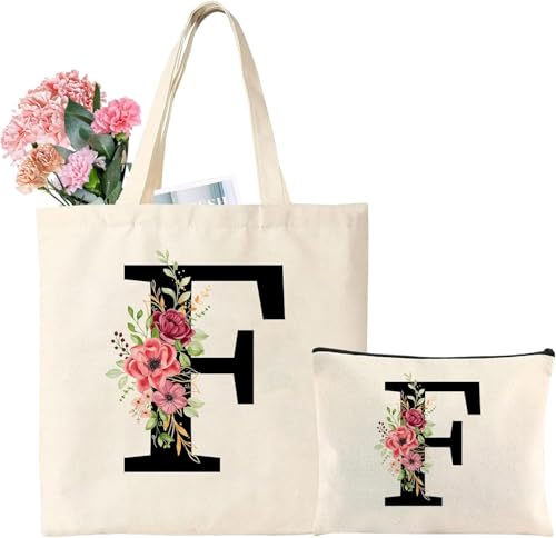 Image of Personalized Initial Cotton Tote Bag, Canvas Reusable Shopping Bags with Makeup Bags, Gifts for Women, Mom, Teachers, Nurses, Best Friends, Bridesmaids, Monogrammed Gifts for Wedding, Birthday(F)