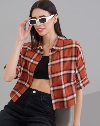 Image of Chimpaaanzee Women Checks Half Sleeve Crop Shirt
