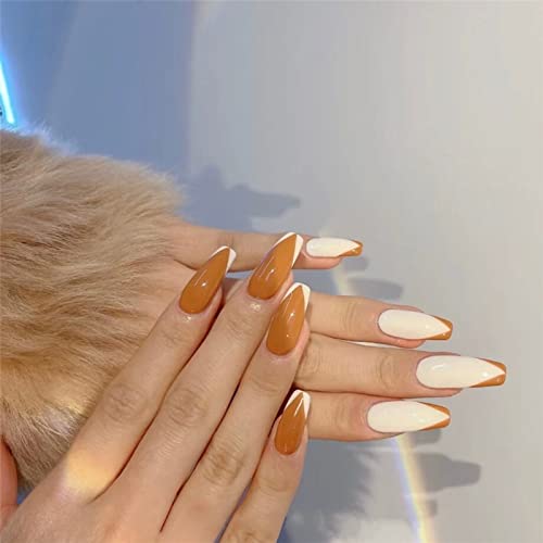 IMSOHOT Ballerina Press on Nails Medium Coffin Fake Nails Ombre Fake Fingernails 24Pcs Glue on False Nails for Women and Girls (Orange & White)