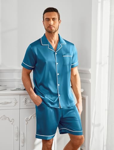 Vssjavun Mens Satin Silk Pajamas Sets Short Sleeve Button-Down Sleepwear Two Piece Loungewear with Pockets