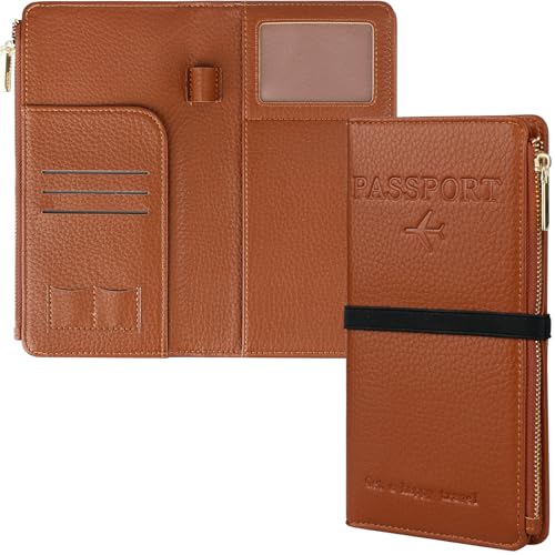 Image of Dannir Travel Passport Wallet, RFID Blocking Passport Holder with Zipper, Passport Cover for Women Men, PU Leather Travel Document Organizer with Card Slots, Gift for Family Friends, Brown