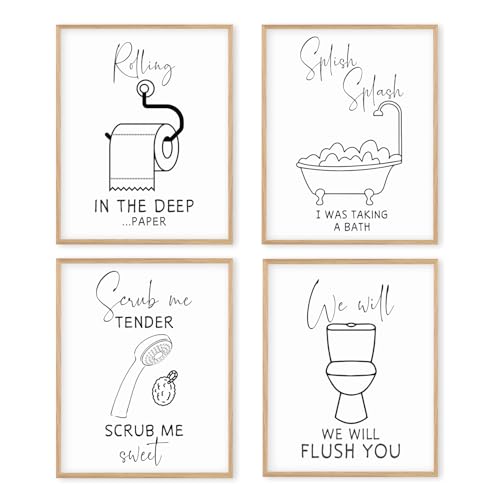 Image of Boat Wades Funny Bathroom Wall Art Prints Set of 4, Black and White Roll Paper Toilet Bathtub Shower Head Posters Pictures Wall Decor for Bathroom Washroom Restroom, 8x10 Unframed