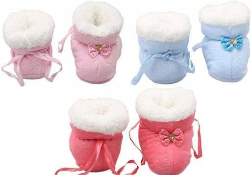 New Born Baby Booties Fancy Socks Cum Shoes with Fur Design for Winter and All Seasons Unisex Booties (Toe to Heel Length - 12 cm, Pink Blue,Red) Pack of 3-image-46