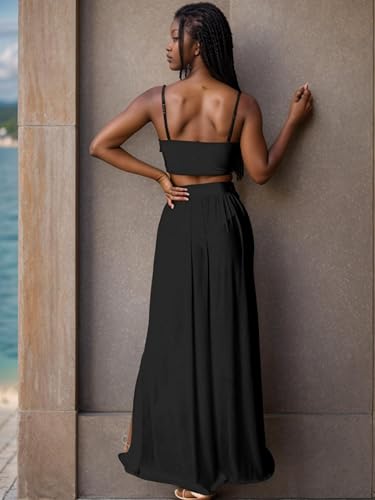 Image of Women Sexy 2 Piece Outfits Dress Chiffon Strap Deep V Neck Bra Crop Top High Split Maxi Dresses Skirt Set