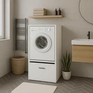 Mobile Per Lavatrice Asciugatrice Armadio Mobiletto Bagno Mobili Salvaspazio Con Cassetto E Mensola Allungabile Scaffale In Legno Armadietto Per Lavanderia Coprilavatrice 70 x 146 x 64 Cm Bianco