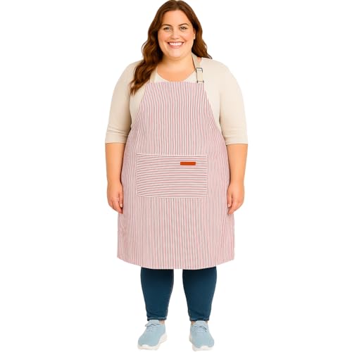 Urby Kitchen Cooking Aprons for Women with Pockets Plus Size, Ideal For XL XXL or Waist W38+. Extra Large and Long Also Fits Big and Tall Men, or Use As Full Coverage Apron. (Red White)