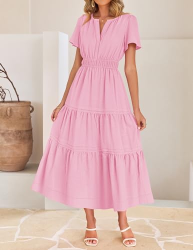 Image of ZESICA Women's Summer Casual Short Sleeve Midi Dresses 2026 V Neck Elastic Waist Tiered Flowy Boho Dress with Pocket
