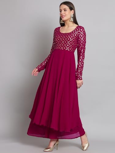 Image of PH POSHAKHUB Georgette Foil Print Anarkali Kurta has Round Neck and Full Sleeve