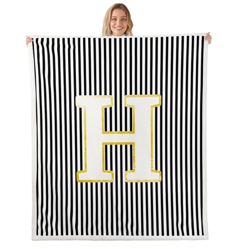 Manfei Manta con monograma de letra H, manta de felpa con letras iniciales para decoración de sala de estar, sofá cama de rayas blancas y negras, suave, acogedora, para niños, adultos, adolescentes