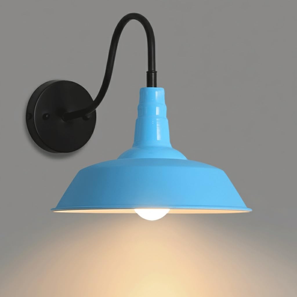 IvyLoutish Modern Industrial Barn Wall Sconce, Colorful Farmhouse Gooseneck Wall Light with Metal Umbrella Shade, Vintage Fixture for Restaurant Bar BBQ Shop Kitchen Decor, E26/E27(Blue)