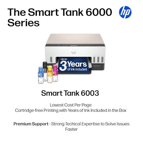 Image of HP Smart Tank 6003 Wireless All-in-One Ink Tank Printer, Scanner, Copier with up to 3 Years of Ink Included, Best-for-Home, Cartridge-Free Refillable, AI-Capable (D35XXA)