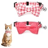 Macuezu 2 Pcs Pink Bow Tie Cat Collar with Bell Breakaway, Bowtie Plaid Cat Collar with Cats Buckle, Cute Kitten Bow Tie Collars, Soft Adjustable Cats Collars (Pink)