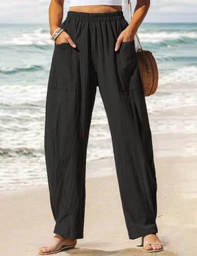 Women's Summer Elastic Waist Palazzo Pants Loose Wide Leg Trousers with Pockets