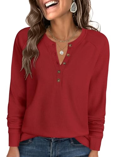 Image of ANRABESS Women's Waffle Knit Henley Top Long Sleeve Shirts
