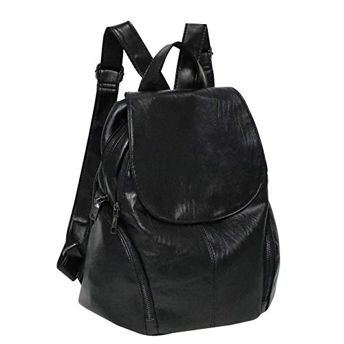 Fanspack Mochila Mujer Impermeable Cuero de PU Piel Mochilas Tipo Casual Negra Bolsos