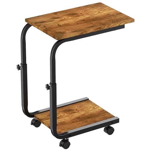 Bedside Table, C-Shaped Side Table Height Adjustable From 20"-26", End/Bedside Table with 4 Wheels for Sofa Bedroom Living Room Office, Coffee Table for Small Spaces, Stable, 56x45x30cm, Rustic Brown