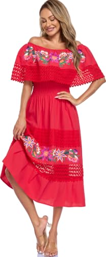 Image of YZXDORWJ Women Embroidered Mexican Peasant Casual Sexy Lace Off-Shoulder Long Dress