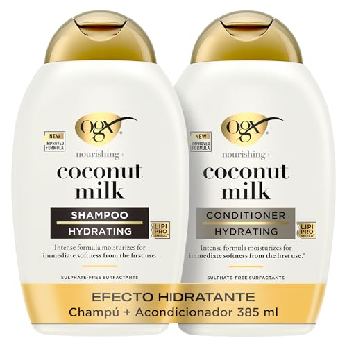 OGX Set Nourishing + Coconut Milk Shampoo y Conditioner, set de champú y acondicionador con leche y aceite de coco y proteína de leche, rutina para cabello seco, sin sulfatos