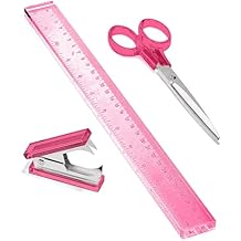 OfficeGoods 3 Piece Acrylic Desk Set - Includes Ruler, Staple Remover, Scissors - Functional & Elegant Desk Accessories - Stationery Tools for Home, Office, and School - Pink with Silver Metal