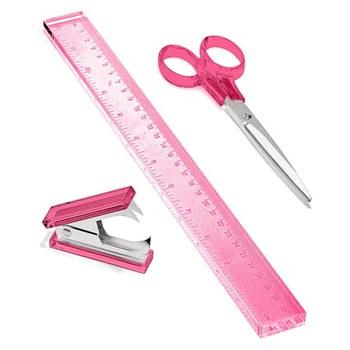 OfficeGoods Juego de escritorio de acrílico de 3 piezas, incluye regla, removedor de grapas, tijeras, accesorios de escritorio funcionales y elegantes, herramientas de papelería para el hogar, la