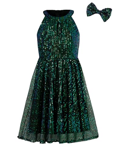 EXARUS Vestido de lentejuelas con cuello halter para niñas, sin mangas, brillante, línea A, vestido ajustado para niña, formal, ocasión especial, 6-14 años, Verde tornasol, 14 años
