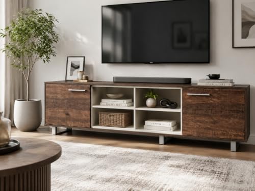 Image of Ritz Engineered Wooden TV Cabinet & Entertainment Unit with Adjustable Center Compartments | Modern Living Room TV Stand with 2 Storage Cabinets | 1800 x 430 x 550 mm - Columbia Walnut & Ivory