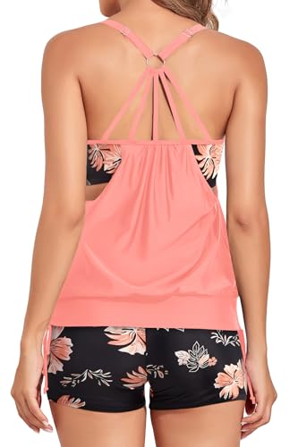 Image of Womens Tankini Swimsuit Two Piece Tummy Control Bathing Suit with Shorts | Double Up, Blouson Tank Top, Removable Pad, Adjustable Straps