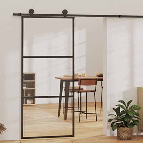 Higsose Puerta corredera de cristal interior para salón, dormitorio, oficina o cocina, diseño moderno, transparente y negro, 90 x 205 cm