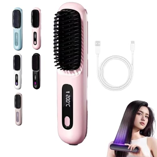 Cepillo moldeador de pelo for cabello corto, inalámbrico y con calefacción, 3 ajustes de calor, pantalla LED y recargable por USB, diseño antiescaldaduras, ligero y portátil.(Pink)