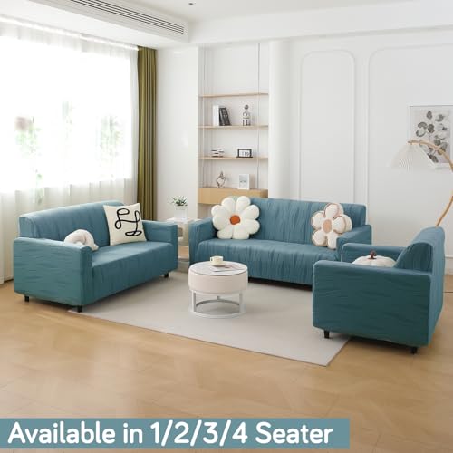 Image of HOKIPO Knitting Jacquard Fully Covered Stretchable Sofa Cover 3 Seater and 2 Seater, Sea Blue (AR-5308-BL + AR-5309-BL)