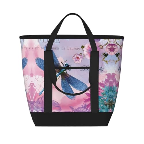 WANLON Bolsa de mano aislada de gran capacidad con flores rosas y libélula azul, reutilizable, hombro ajustable, perfecta para el trabajo, picnic y viajes, Black, Talla única