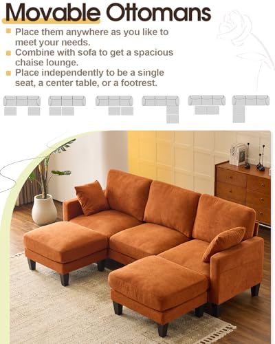 Image of Karl home 99.6 inch 3-Seat U-Shaped Sectional Sofa, Orange | Chenille Upholstered, 2 Movable Ottomans, Cloud-Like Seat, 2 Throw Pillows, Comfy Deep Seat, Living Room, Apartment, Office
