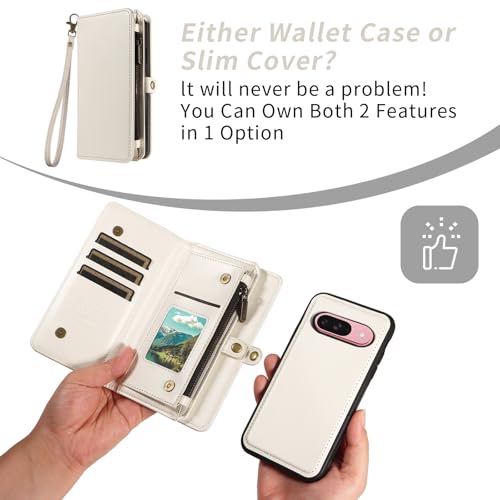 Coque Google Pixel 9/9 Pro 5G portefeuille en cuir blanc avec cordon porte-carte étui - 4