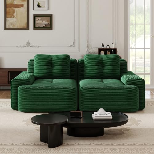 Image of 82 inch Modern Modular Boneless Couch for Living Room, 2 Seat, Soft Corduroy Fabric, Deep Seat Cloud sectional Sofa with Pearl Like Piping and Tufted Design, No Assembly, Anti Slip, Green