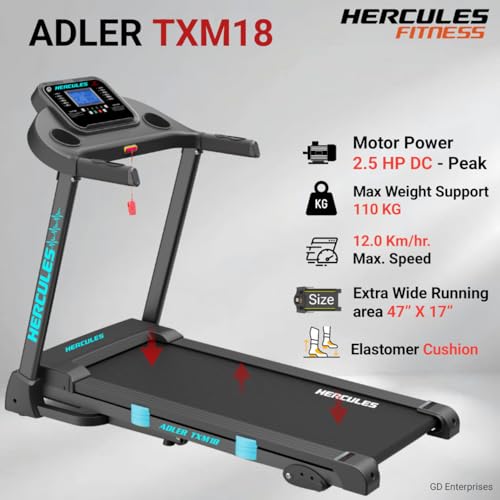Image of Hercules Fitness Adler TXM18 1.25 HP / 2.5 HP Peak DC Motorized Treadmill Max Speed 12 Km /Hr Max User Weight 110 KG Bluetooth Speaker Foldable Structure Gym Equipment