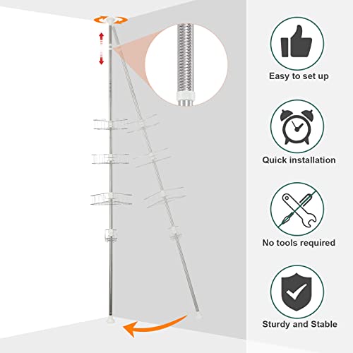 Shower Caddy Corner Organizer For Bathroom,Caddy Shelves Cirner Storage Bathtub Shampoo Holder Rack With Rustproof Stainless Tension Pole 4-Tier Adjustable Stand On Floor 100-130 Inches Height #TOP4