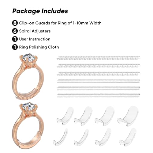 Image of Likimar Ring Size Adjuster for Loose Rings - 8 Clip-on Spacers & 6 Coils | Stop Spinning Instantly, 8 Clip-on Spacers & 6 Spiral Adjusters, Fit Band Width 1mm-10.5mm, Safe & Comfortable for Daily Wear