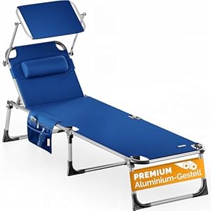 Casaria® Sonnenliege Klappbar 180kg Belastbar Seitentasche Abnehmbar Wetterfest Gartenliege mit Dach Kopfkissen Leicht Alu Liegestuhl Strandliege Blau