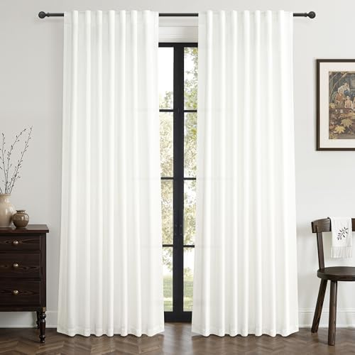Pure White Linen Curtains 84 Inches Long for Bedroom/Office, Modern Aesthetic Semi Sheer Pleated Curtain Boho Light Filtering Textured Privacy for Nursery Panels 2 Set Drapes (Tiebacks&Hooks) W52xL84
