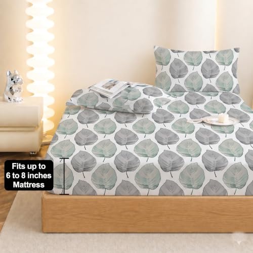 Image of IVAZA Ezyption Cotton Super Soft 240 TC Elastic Fitted All Around Elastic Printed King Size Double Bed Bedsheet with 2 Pillow Cover 72 inch X 78 inch3 Grey Leaf
