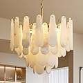 Alabaster Chandelier, D23.6in Modern Alabaster Round Dining Room Chandelier, 4-Tiers Luxury Natural Stone Ceiling Light Fixture, White Marble Chandeliers for Living Room Bedroom Foyer Entryway Kitchen