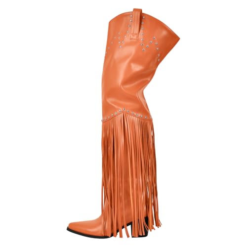 Image of richealnini Western Thigh High Cowboy Boots with Fringe Over Knee Wide Calf Cowgirl Boots