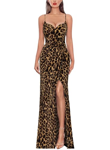 VFSHOW Womens 2025 Formal Prom Maxi Dresses Ruched High Slit Spaghetti Strap Sweetheart Neckline Bodycon Evening Gown Dress (Leopard Print, XX-Large) 12163 Leo XXL