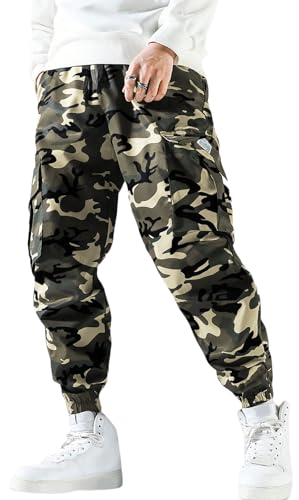 PADOLA Pantalon Camouflage Homme Taille Elastique Pantalons de Travail avec Multipoches Cargo Pantalon Militaire Décontracté Slim Fit Pantalons de Jogging Pantalon Tactique (0 Kaki, M)